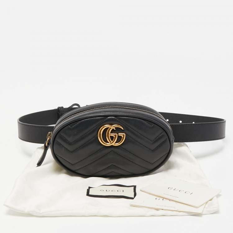 Pre Owned Gucci Black Matelassé Leather GG Marmont Belt Bag