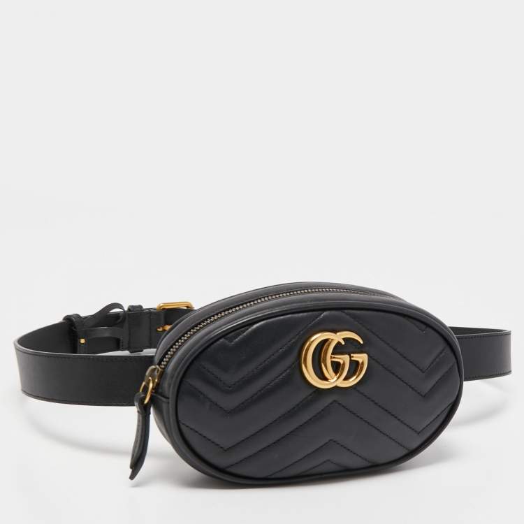 Pre Owned Gucci Black Matelassé Leather GG Marmont Belt Bag