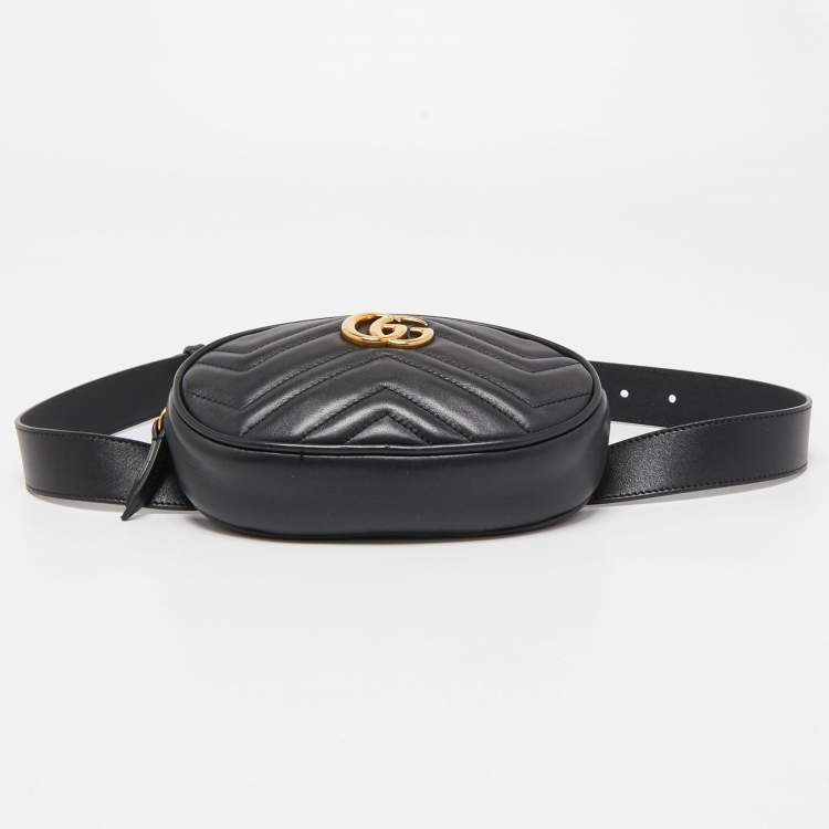 Pre Owned Gucci Black Matelassé Leather GG Marmont Belt Bag