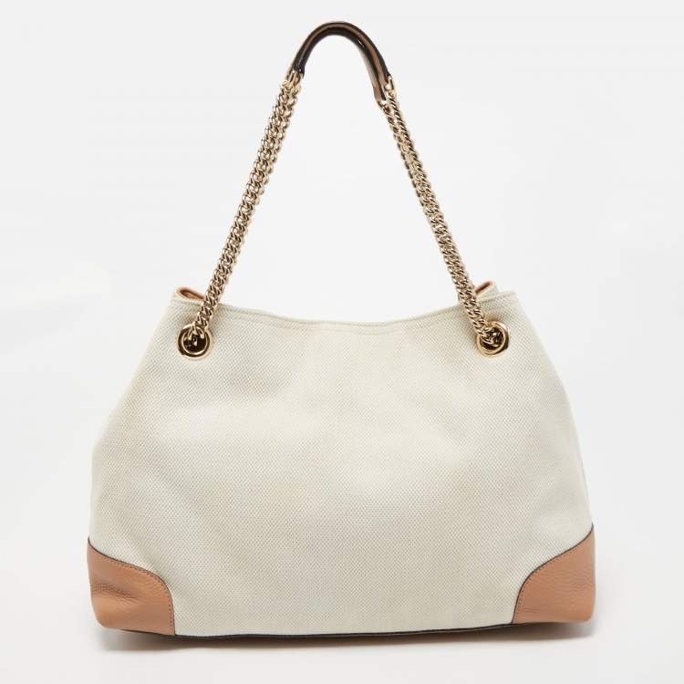 Pre Owned Gucci Brown/White Canvas and Leather Medium Soho Chain Tote