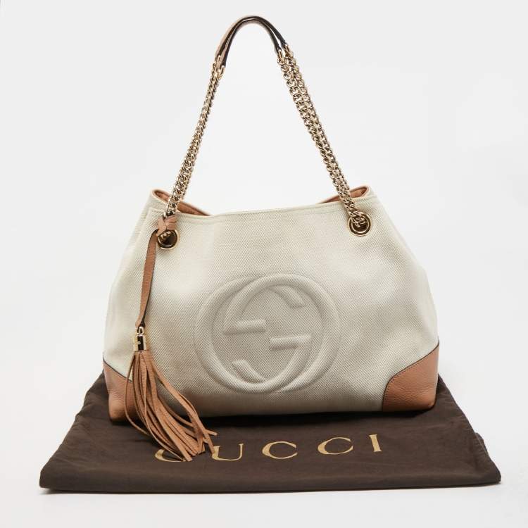 Pre Owned Gucci Brown/White Canvas and Leather Medium Soho Chain Tote
