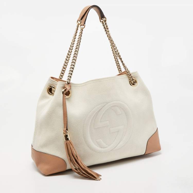 Pre Owned Gucci Brown/White Canvas and Leather Medium Soho Chain Tote