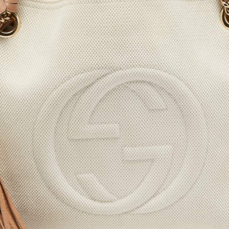 Pre Owned Gucci Brown/White Canvas and Leather Medium Soho Chain Tote