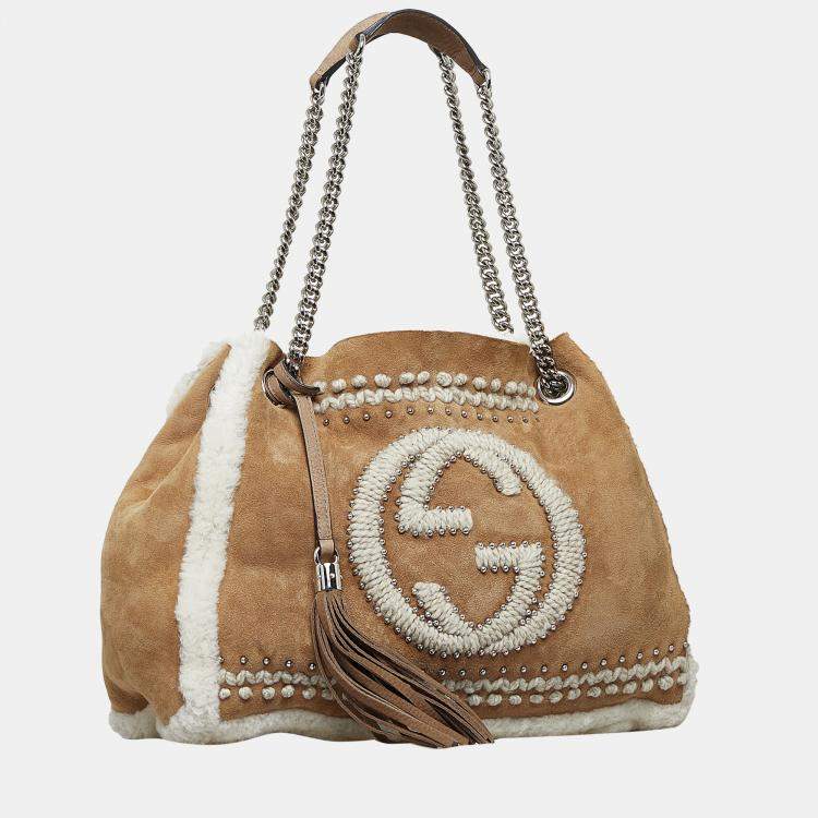 Pre Owned Gucci Brown Suede and Shearling Studded Soho Chain Tote