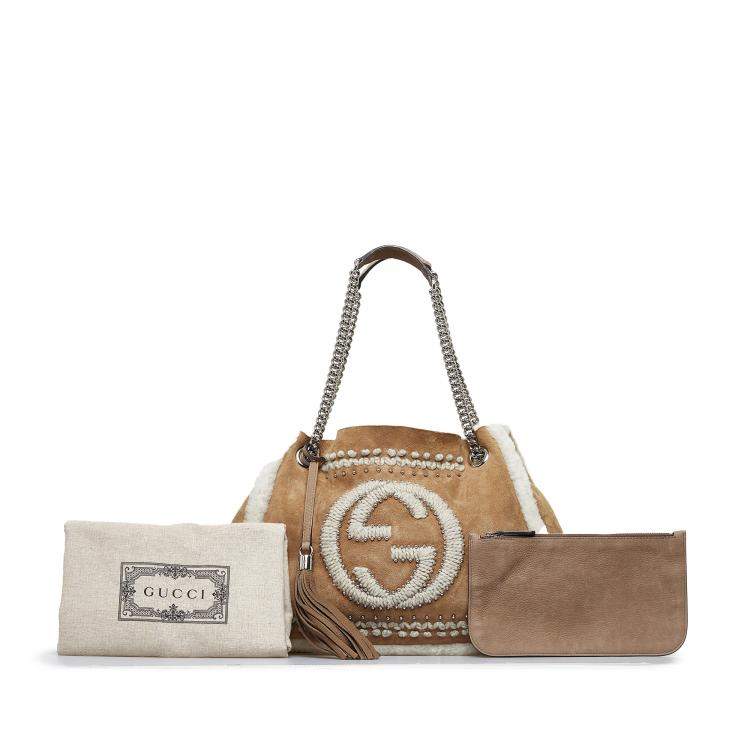 Pre Owned Gucci Brown Suede and Shearling Studded Soho Chain Tote