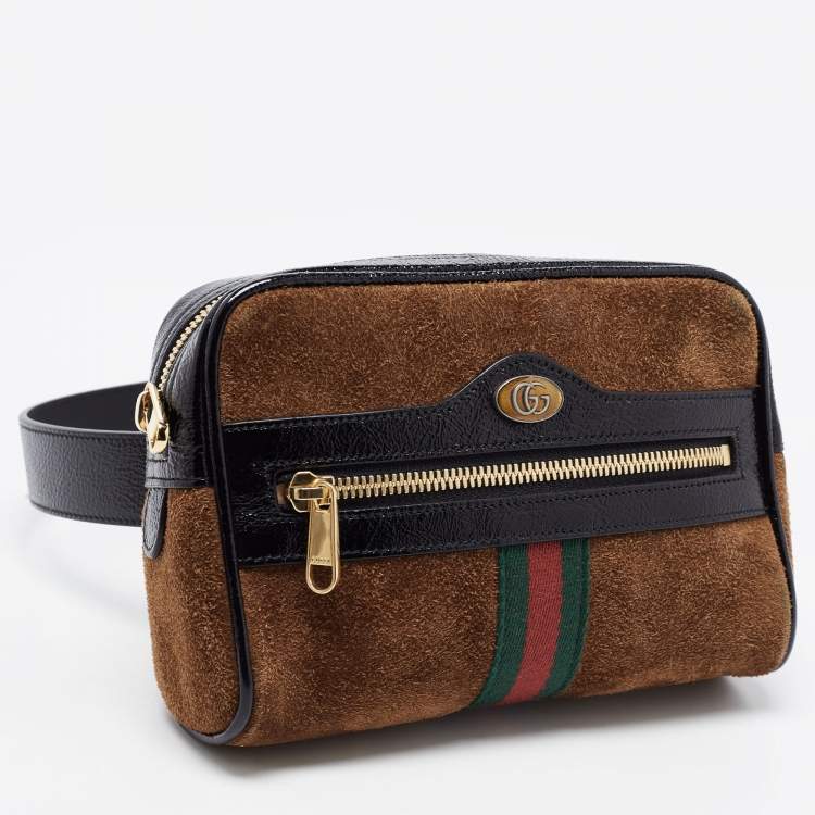 Pre Owned Gucci Brown Suede and Patent Leather GG Ophidia Belt Bag
