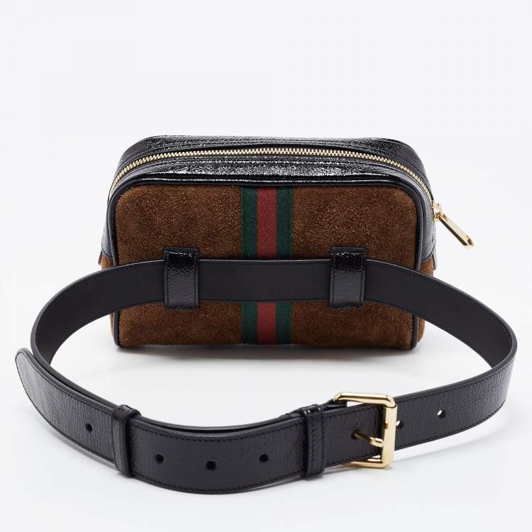 Pre Owned Gucci Brown Suede and Patent Leather GG Ophidia Belt Bag