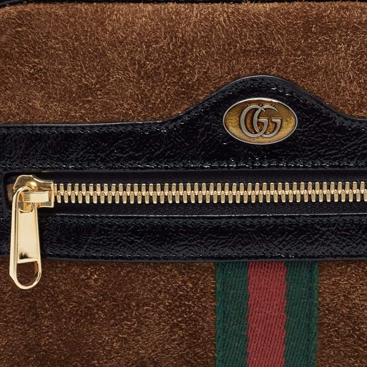 Pre Owned Gucci Brown Suede and Patent Leather GG Ophidia Belt Bag