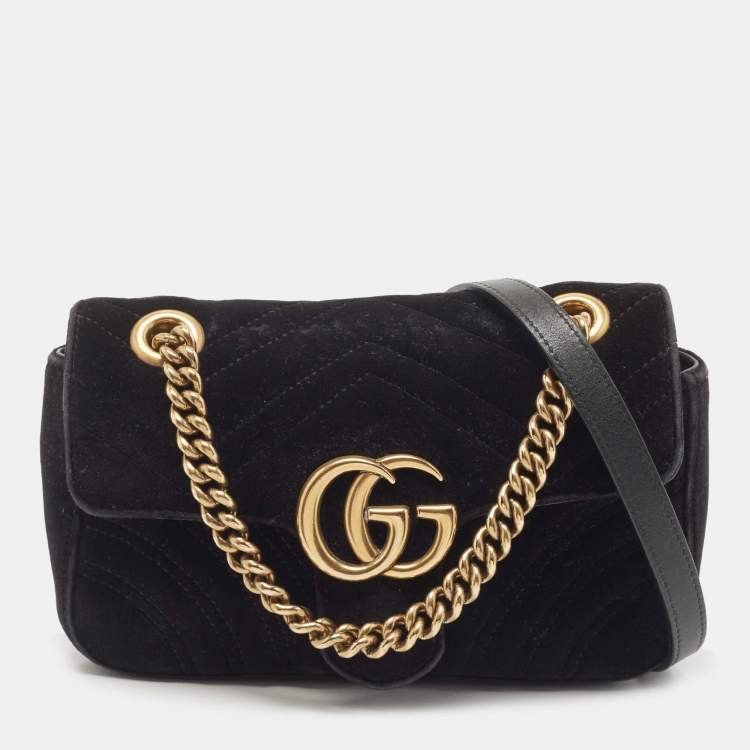 Gucci Black Matelasse Velvet Gg Marmont Shoulder Bag