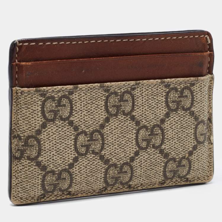 Pre Owned Gucci Brown/Beige GG Supreme Canvas and Leather Card Holder