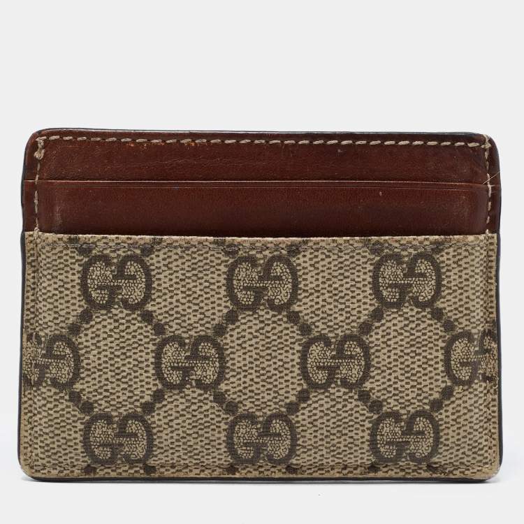 Pre Owned Gucci Brown/Beige GG Supreme Canvas and Leather Card Holder