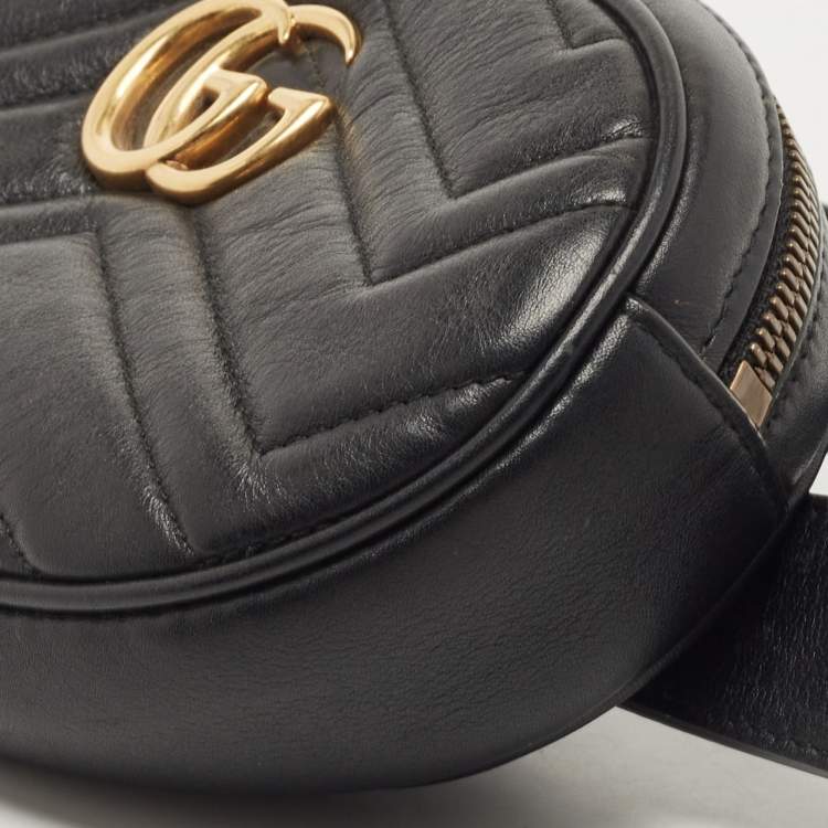 Pre Owned Gucci Black Matelassé Leather GG Marmont Belt Bag