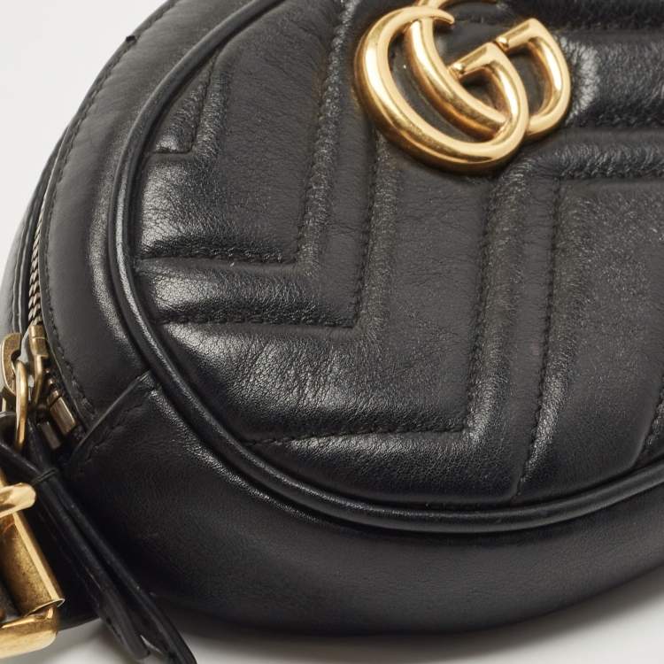 Pre Owned Gucci Black Matelassé Leather GG Marmont Belt Bag
