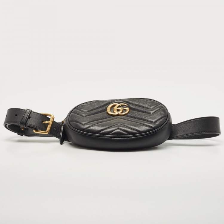 Pre Owned Gucci Black Matelassé Leather GG Marmont Belt Bag