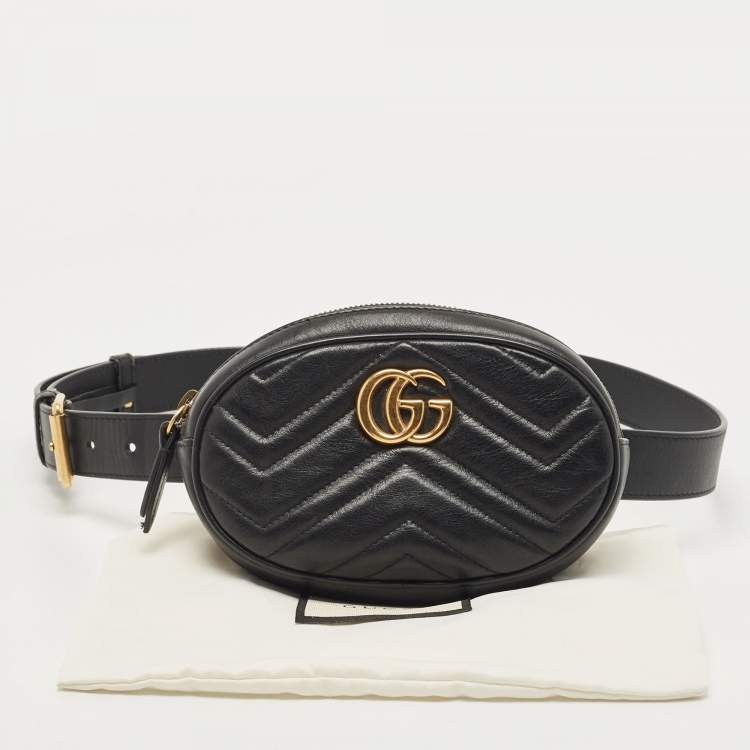 Pre Owned Gucci Black Matelassé Leather GG Marmont Belt Bag