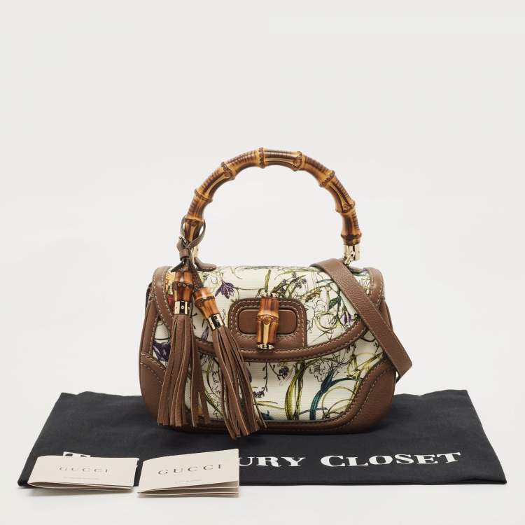 Pre Owned Gucci Multicolor Floral Canvas and Leather Medium Tassel New Bamboo Top Handle Bag