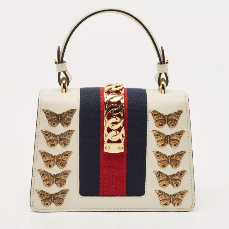 Pre Owned Gucci Beige Leather Mini Sylvie Animal Stud Embellished Top Handle Bag