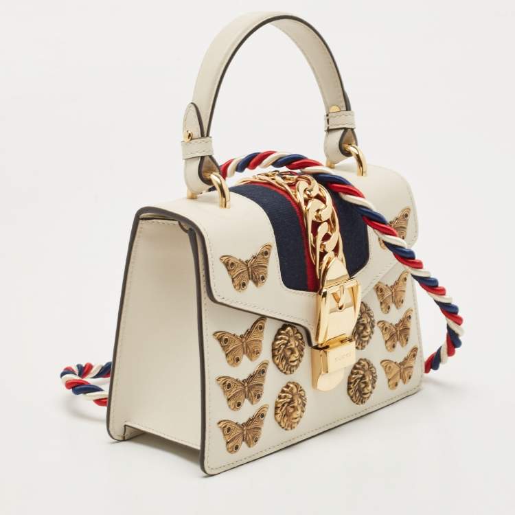 Pre Owned Gucci Beige Leather Mini Sylvie Animal Stud Embellished Top Handle Bag