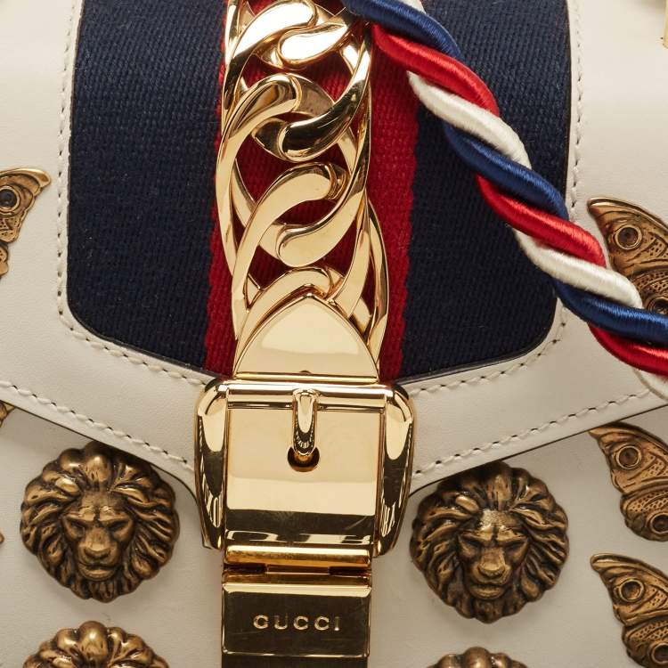 Pre Owned Gucci Beige Leather Mini Sylvie Animal Stud Embellished Top Handle Bag