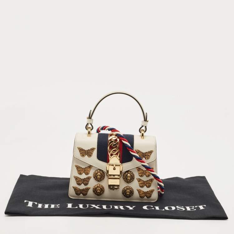 Pre Owned Gucci Beige Leather Mini Sylvie Animal Stud Embellished Top Handle Bag