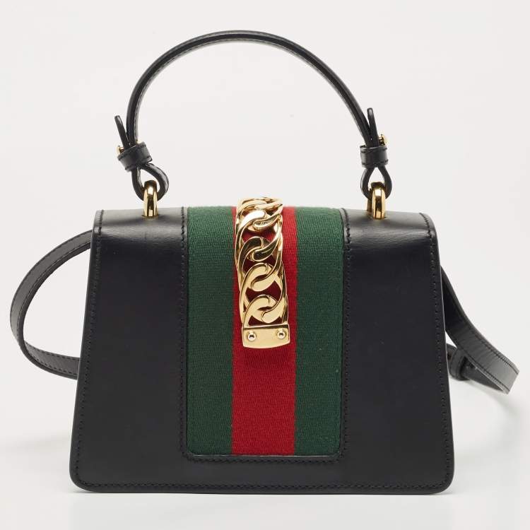 Pre Owned Gucci Black Leather Mini Sylvie Top Handle Bag