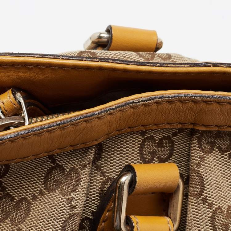 Pre Owned Gucci Yellow/Beige GG Canvas and Leather Medium Sukey Tote
