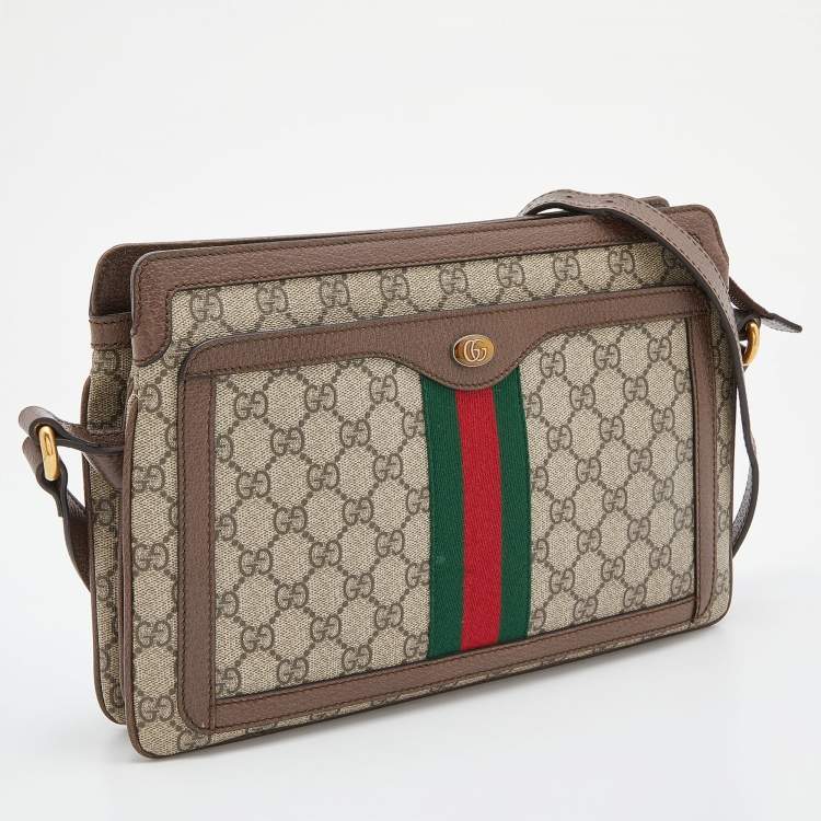 Pre Owned Gucci Beige/Brown GG Canvas and Leather Medium Ophidia Zip Crossbody Bag