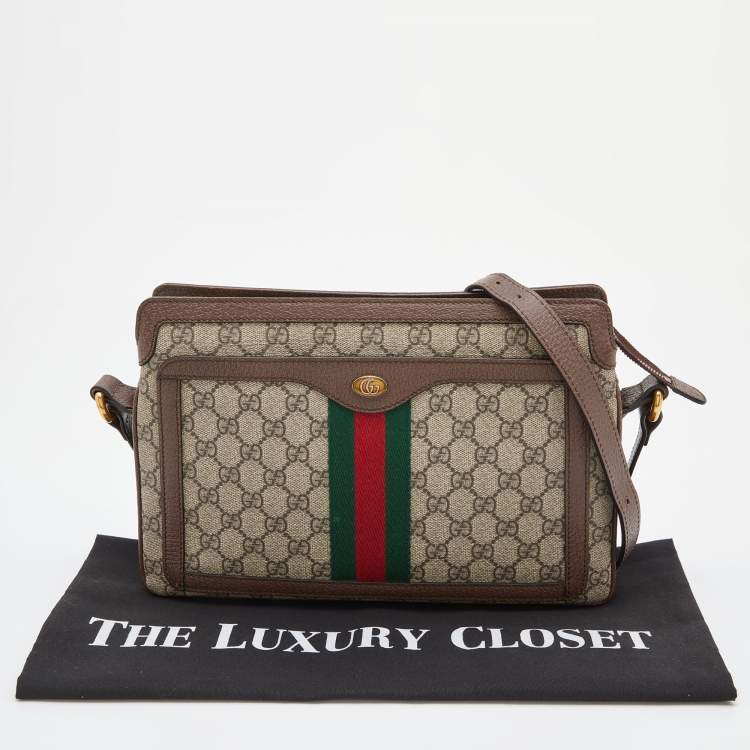 Pre Owned Gucci Beige/Brown GG Canvas and Leather Medium Ophidia Zip Crossbody Bag