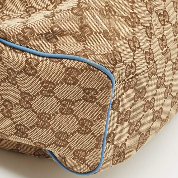 Pre Owned Gucci Blue/Beige GG Canvas and Leather Medium Sukey Tote