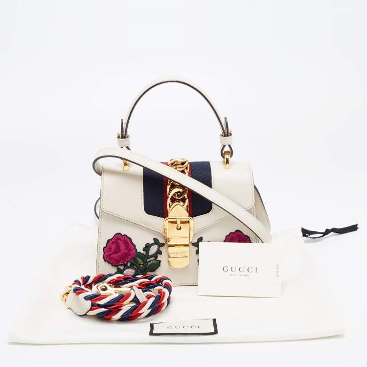 Pre Owned Gucci White Leather Mini Sylvie Top Handle Bag