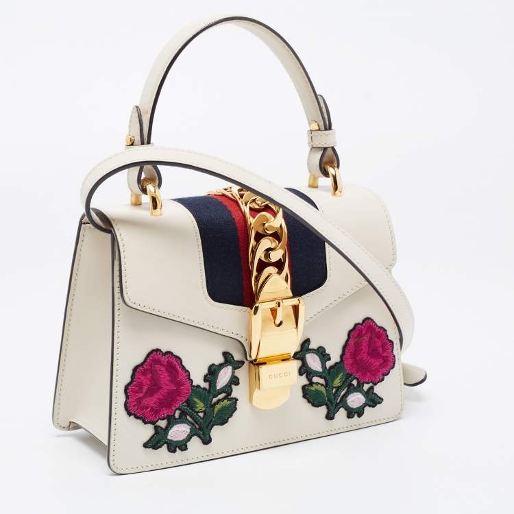 Pre Owned Gucci White Leather Mini Sylvie Top Handle Bag