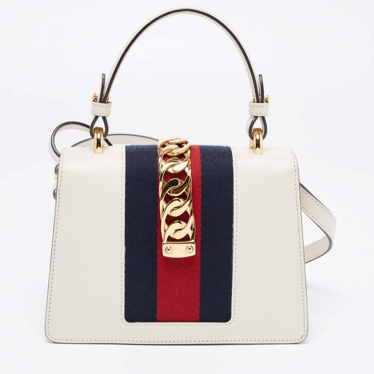 Pre Owned Gucci White Leather Mini Sylvie Top Handle Bag