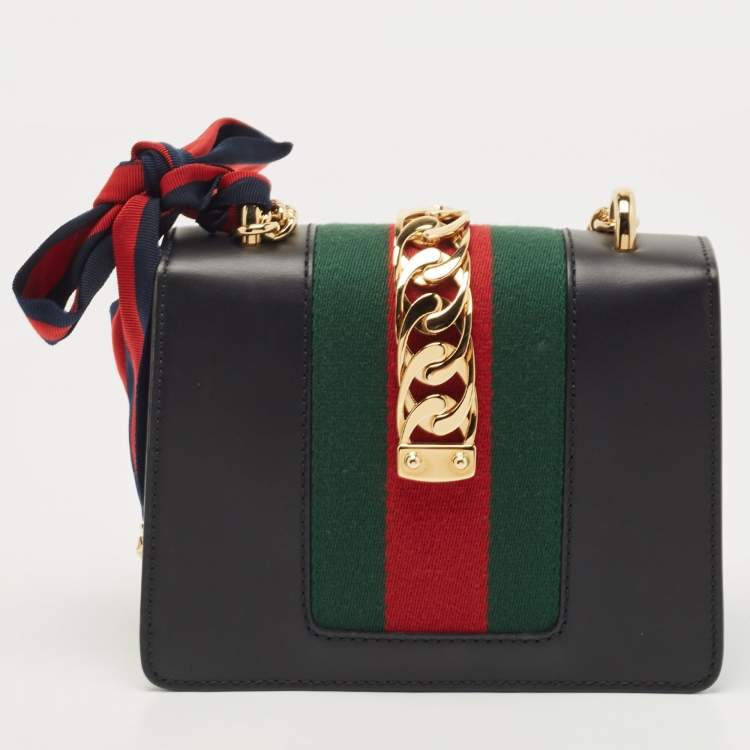 Pre Owned Gucci Black Leather Mini Web Chain Sylvie Shoulder Bag