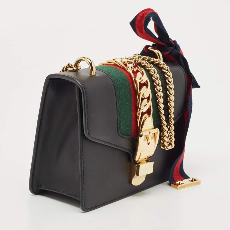 Pre Owned Gucci Black Leather Mini Web Chain Sylvie Shoulder Bag