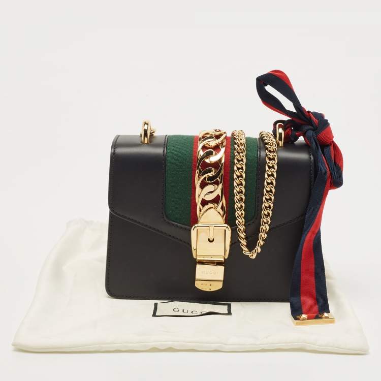 Pre Owned Gucci Black Leather Mini Web Chain Sylvie Shoulder Bag