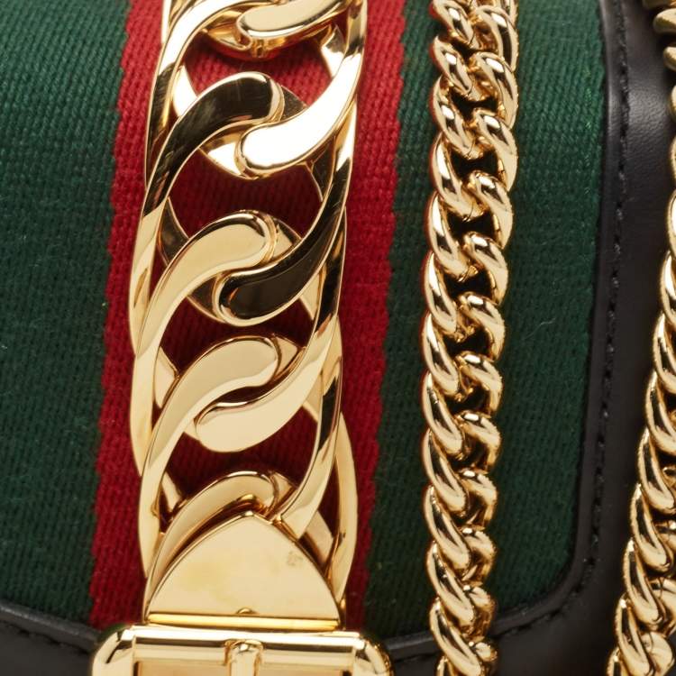 Pre Owned Gucci Black Leather Mini Web Chain Sylvie Shoulder Bag