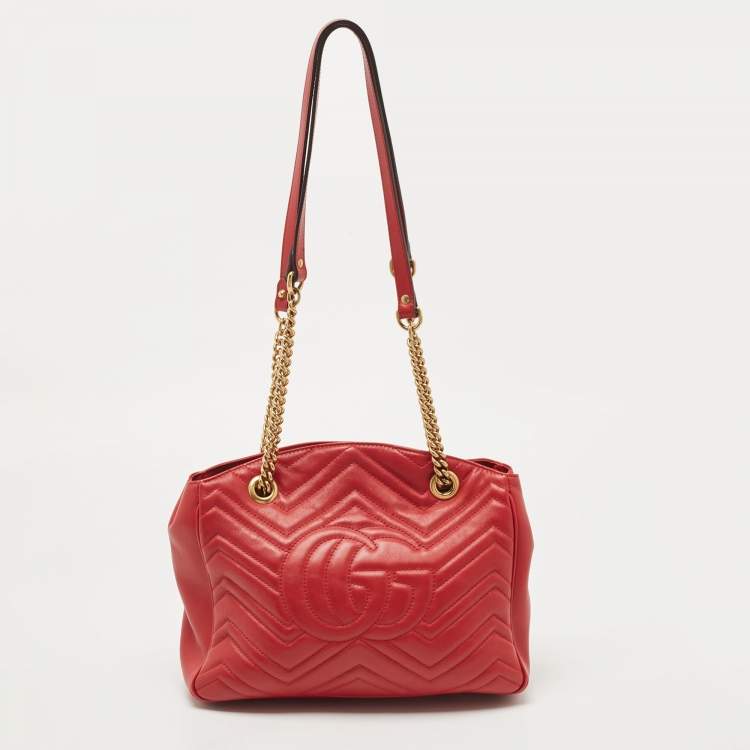 Pre Owned Gucci Red Matelasse Leather Medium GG Marmont Open Top Shoulder Bag 