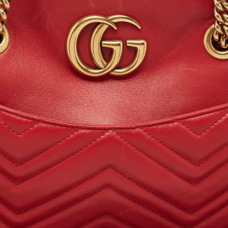 Pre Owned Gucci Red Matelasse Leather Medium GG Marmont Open Top Shoulder Bag 