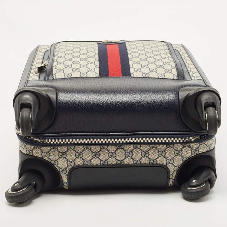 Pre Owned Gucci Dark Blue/Beige GG Supreme Canvas and Leather Small Web Savoy Cabin Trolley