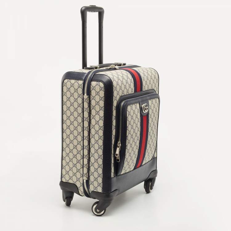 Pre Owned Gucci Dark Blue/Beige GG Supreme Canvas and Leather Small Web Savoy Cabin Trolley