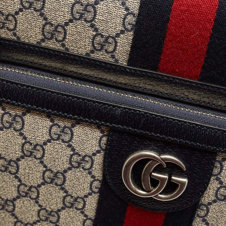 Pre Owned Gucci Dark Blue/Beige GG Supreme Canvas and Leather Small Web Savoy Cabin Trolley