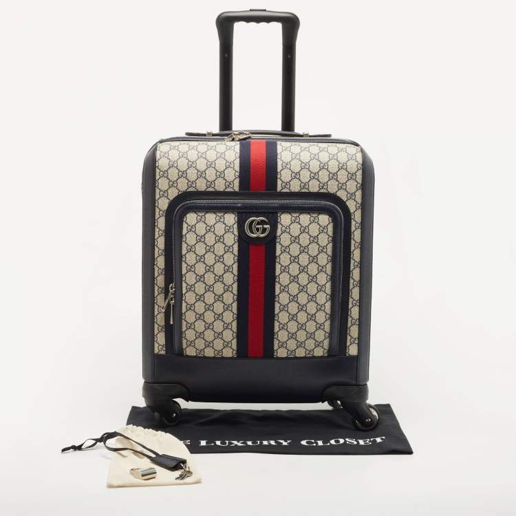 Pre Owned Gucci Dark Blue/Beige GG Supreme Canvas and Leather Small Web Savoy Cabin Trolley