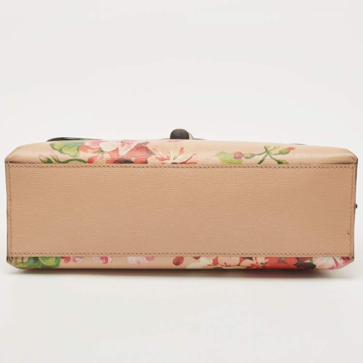 Pre Owned Gucci Pink Apricot Blooms Print Leather Bamboo Daily Top Handle Bag