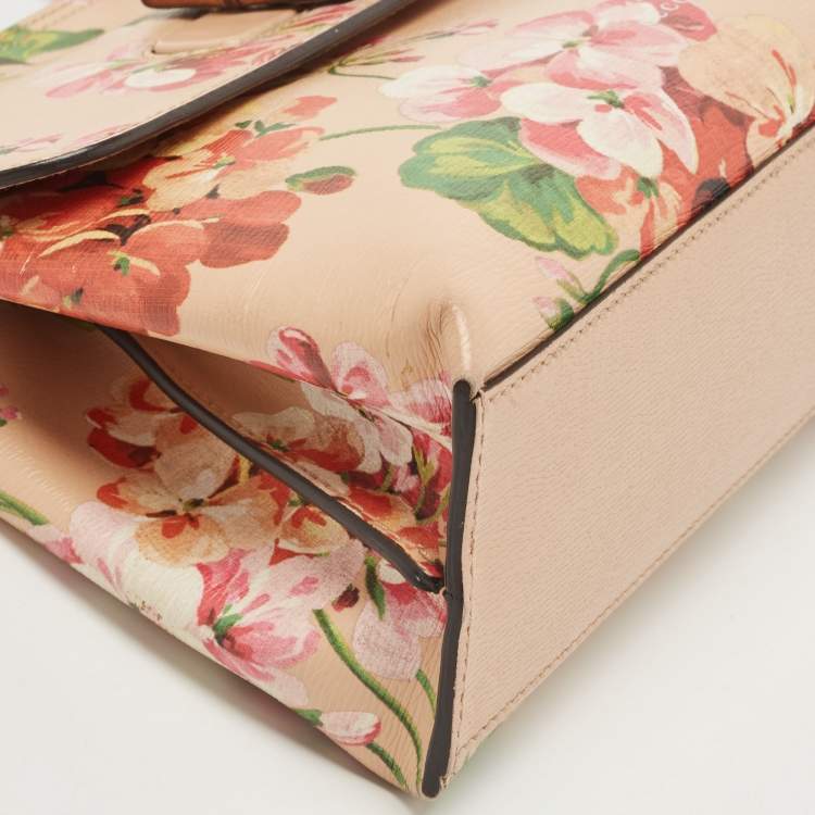 Pre Owned Gucci Pink Apricot Blooms Print Leather Bamboo Daily Top Handle Bag
