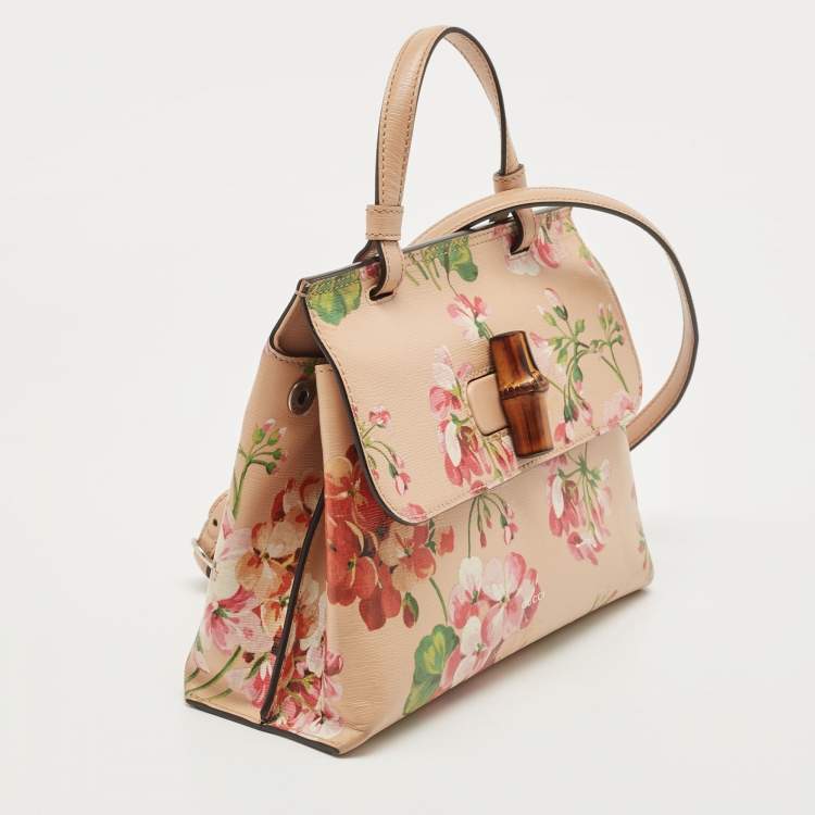 Pre Owned Gucci Pink Apricot Blooms Print Leather Bamboo Daily Top Handle Bag