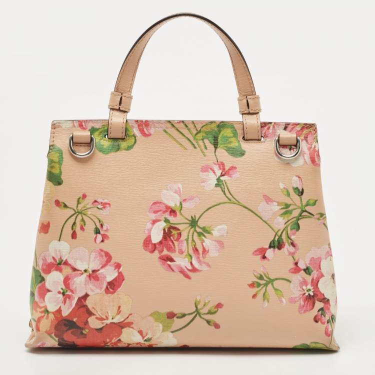 Pre Owned Gucci Pink Apricot Blooms Print Leather Bamboo Daily Top Handle Bag