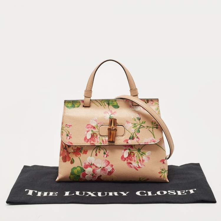 Pre Owned Gucci Pink Apricot Blooms Print Leather Bamboo Daily Top Handle Bag