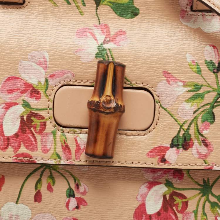 Pre Owned Gucci Pink Apricot Blooms Print Leather Bamboo Daily Top Handle Bag