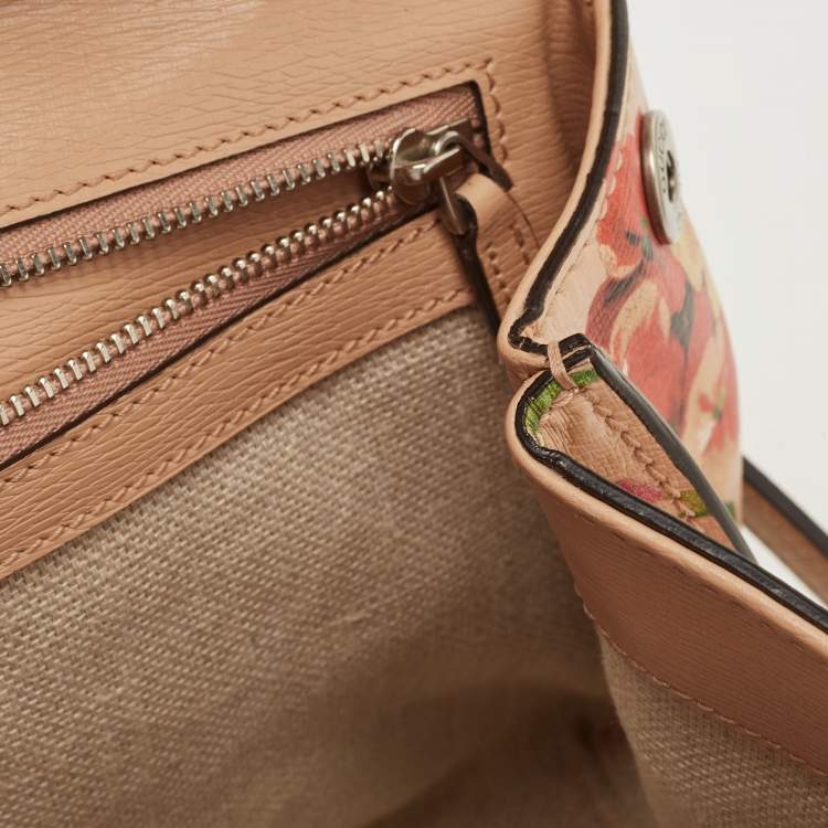 Pre Owned Gucci Pink Apricot Blooms Print Leather Bamboo Daily Top Handle Bag
