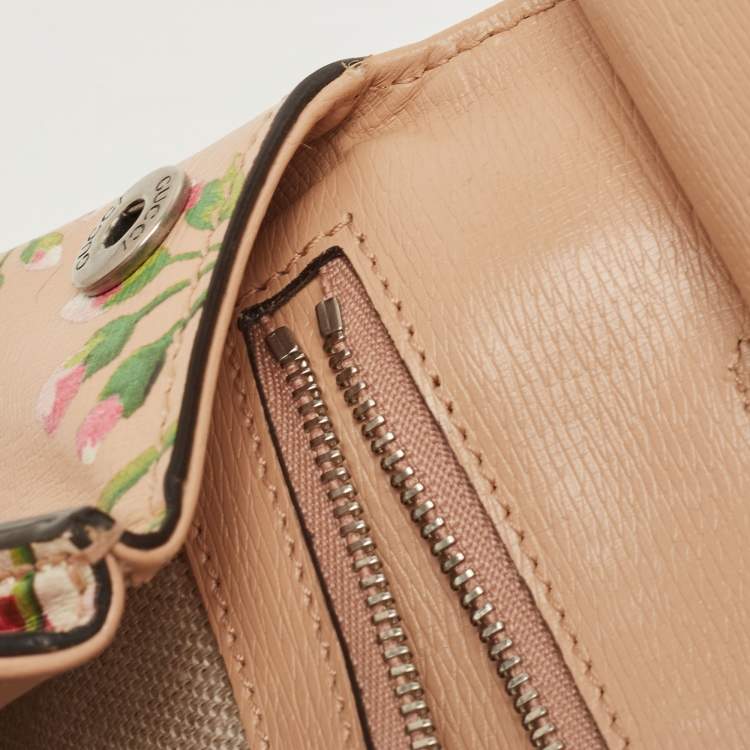 Pre Owned Gucci Pink Apricot Blooms Print Leather Bamboo Daily Top Handle Bag